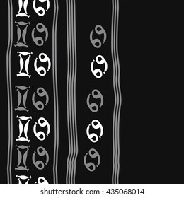 Seamless   vertical   pattern of zodiac signs, doodles,  object,gemini,cancer, stripes, copy space. Hand drawn.