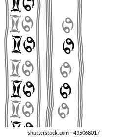 Seamless   vertical   pattern of zodiac signs, doodles,  object,gemini,cancer, stripes, copy space. Hand drawn.