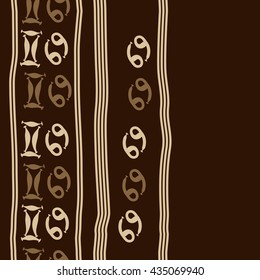 Seamless   vertical   pattern of zodiac signs, doodles,  object,gemini,cancer, stripes, copy space. Hand drawn.