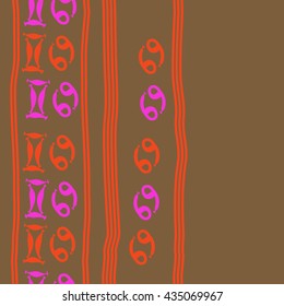 Seamless   vertical   pattern of zodiac signs, doodles,  object,gemini,cancer, stripes, copy space. Hand drawn.