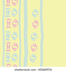 Seamless   vertical   pattern of zodiac signs, doodles,  object,gemini,cancer, stripes, copy space. Hand drawn.