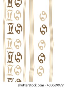 Seamless   vertical   pattern of zodiac signs, doodles,  object,gemini,cancer, stripes, copy space. Hand drawn.