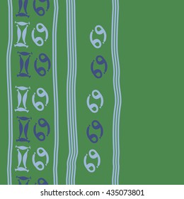 Seamless   vertical   pattern of zodiac signs, doodles,  object,gemini,cancer, stripes, copy space. Hand drawn.