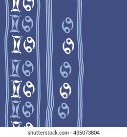 Seamless   vertical   pattern of zodiac signs, doodles,  object,gemini,cancer, stripes, copy space. Hand drawn.