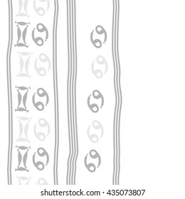 Seamless   vertical   pattern of zodiac signs, doodles,  object,gemini,cancer, stripes, copy space. Hand drawn.