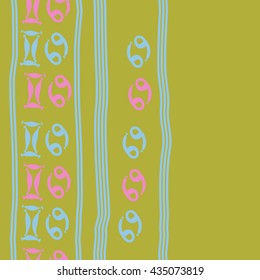 Seamless   vertical   pattern of zodiac signs, doodles,  object,gemini,cancer, stripes, copy space. Hand drawn.