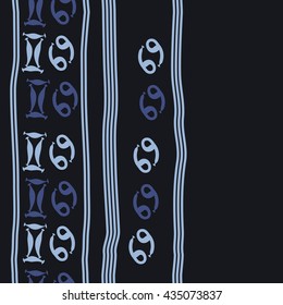 Seamless   vertical   pattern of zodiac signs, doodles,  object,gemini,cancer, stripes, copy space. Hand drawn.