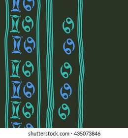 Seamless   vertical   pattern of zodiac signs, doodles,  object,gemini,cancer, stripes, copy space. Hand drawn.