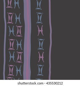 Seamless  vertical pattern of zodiac signs, doodles,  object,gemini,pisces, stripes, copy space. Hand drawn.