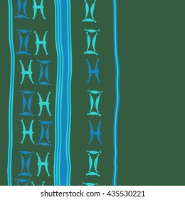 Seamless  vertical pattern of zodiac signs, doodles,  object,gemini,pisces, stripes, copy space. Hand drawn.
