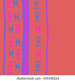 Seamless  vertical pattern of zodiac signs, doodles,  object,gemini,pisces, stripes, copy space. Hand drawn.