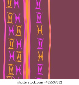 Seamless  vertical pattern of zodiac signs, doodles,  object,gemini,pisces, stripes, copy space. Hand drawn.