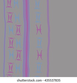 Seamless  vertical pattern of zodiac signs, doodles,  object,gemini,pisces, stripes, copy space. Hand drawn.