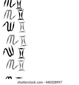 Seamless vertical pattern of zodiac signs, doodles,  object, gemini,scorpio, copy space. Hand drawn.