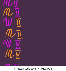 Seamless vertical pattern of zodiac signs, doodles,  object, gemini,scorpio, copy space. Hand drawn.