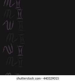 Seamless vertical pattern of zodiac signs, doodles,  object, gemini,scorpio, copy space. Hand drawn.