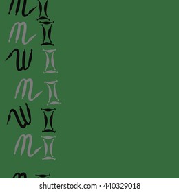 Seamless vertical pattern of zodiac signs, doodles,  object, gemini,scorpio, copy space. Hand drawn.