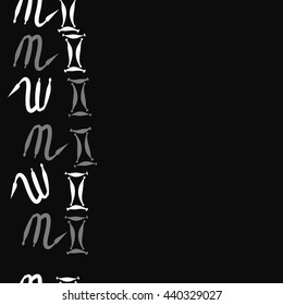 Seamless vertical pattern of zodiac signs, doodles,  object, gemini,scorpio, copy space. Hand drawn.