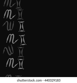 Seamless vertical pattern of zodiac signs, doodles,  object, gemini,scorpio, copy space. Hand drawn.