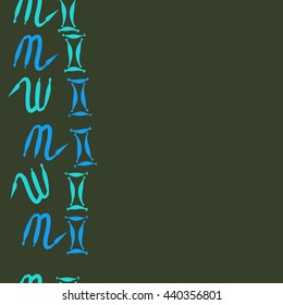 Seamless vertical pattern of zodiac signs, doodles,  object, gemini,scorpio, copy space. Hand drawn.