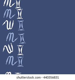 Seamless vertical pattern of zodiac signs, doodles,  object, gemini,scorpio, copy space. Hand drawn.