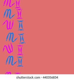 Seamless vertical pattern of zodiac signs, doodles,  object, gemini,scorpio, copy space. Hand drawn.