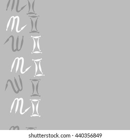 Seamless vertical pattern of zodiac signs, doodles,  object, gemini,scorpio, copy space. Hand drawn.
