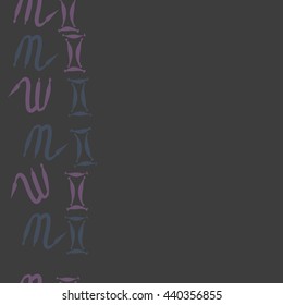 Seamless vertical pattern of zodiac signs, doodles,  object, gemini,scorpio, copy space. Hand drawn.
