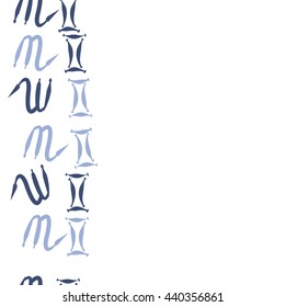 Seamless vertical pattern of zodiac signs, doodles,  object, gemini,scorpio, copy space. Hand drawn.