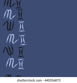 Seamless vertical pattern of zodiac signs, doodles,  object, gemini,scorpio, copy space. Hand drawn.
