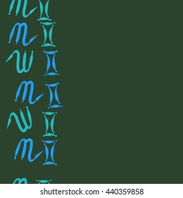 Seamless vertical pattern of zodiac signs, doodles,  object, gemini,scorpio, copy space. Hand drawn.