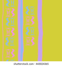 Seamless vertical  pattern of zodiac signs, doodles,  object, gemini,aquarius, stripes, spot, copy space. Hand drawn.