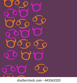 Seamless vertical pattern of zodiac signs, doodles,  object, taurus, cancer, copy space. Hand drawn.