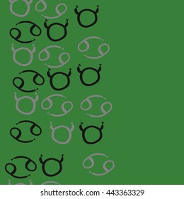 Seamless vertical pattern of zodiac signs, doodles,  object, taurus, cancer, copy space. Hand drawn.