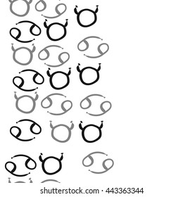 Seamless vertical pattern of zodiac signs, doodles,  object, taurus, cancer, copy space. Hand drawn.