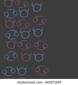 Seamless vertical pattern of zodiac signs, doodles,  object, taurus, cancer, copy space. Hand drawn.