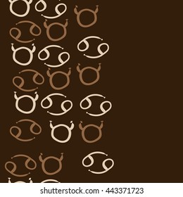 Seamless vertical pattern of zodiac signs, doodles,  object, taurus, cancer, copy space. Hand drawn.