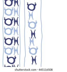 Seamless vertical  pattern of zodiac signs, doodles,  object, taurus,pisces, stripe, copy space. Hand drawn.