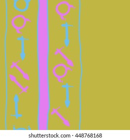 Seamless vertical  pattern of zodiac signs, doodles,  object, taurus,sagittarius, stripes,  spot, copy space. Hand drawn.