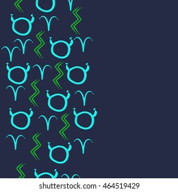 Seamless  vertical pattern of zodiac signs, doodles,  object, taurus,aries, aquarius, copy space . Hand drawn.