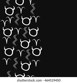 Seamless  vertical pattern of zodiac signs, doodles,  object, taurus,aries, aquarius, copy space . Hand drawn.