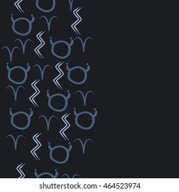 Seamless  vertical pattern of zodiac signs, doodles,  object, taurus,aries, aquarius, copy space . Hand drawn.