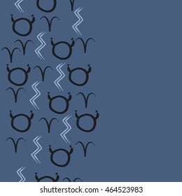 Seamless  vertical pattern of zodiac signs, doodles,  object, taurus,aries, aquarius, copy space . Hand drawn.