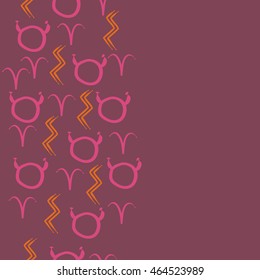 Seamless  vertical pattern of zodiac signs, doodles,  object, taurus,aries, aquarius, copy space . Hand drawn.