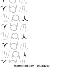 Seamless vertical pattern of zodiac signs, doodles,  object, taurus,aries, scorpios, copy space . Hand drawn.