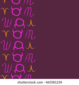 Seamless vertical pattern of zodiac signs, doodles,  object, taurus,aries, scorpios, copy space . Hand drawn.