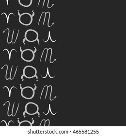 Seamless vertical pattern of zodiac signs, doodles,  object, taurus,aries, scorpios, copy space . Hand drawn.