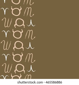 Seamless vertical pattern of zodiac signs, doodles,  object, taurus,aries, scorpios, copy space . Hand drawn.