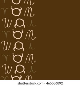 Seamless vertical pattern of zodiac signs, doodles,  object, taurus,aries, scorpios, copy space . Hand drawn.