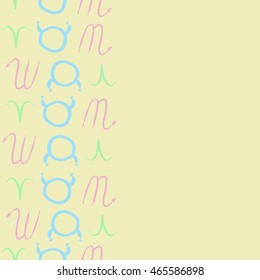 Seamless vertical pattern of zodiac signs, doodles,  object, taurus,aries, scorpios, copy space . Hand drawn.